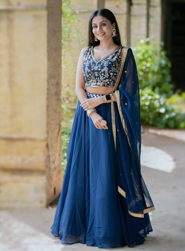 Azorte Fashion Georgette Lehenga Choli | Sequins & Thread Embroidery | Wedding & Festive Wear - Stitched, Unstitched