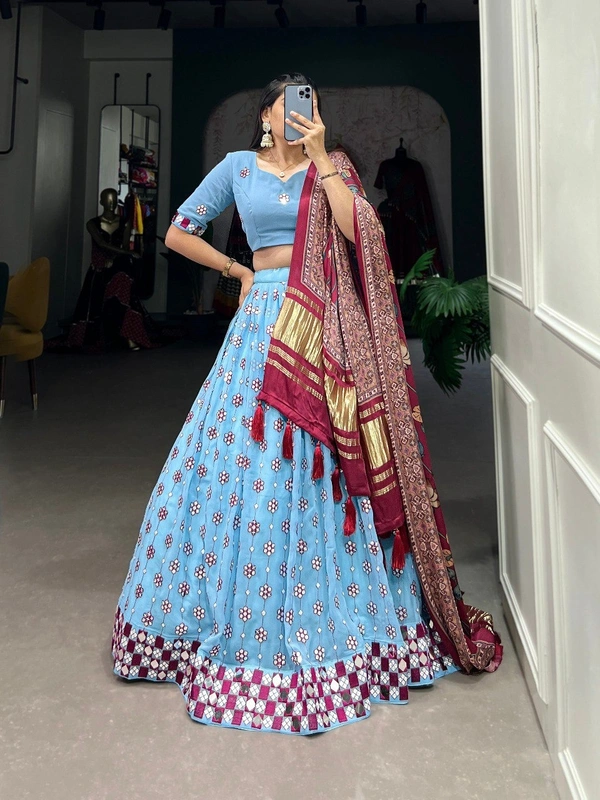 Azorte Fashion Designer Georgette Lehenga Choli | Mirror & Sequin Embroidery | Wedding & Festive Wear - Design-1, Stitched, Unstitched