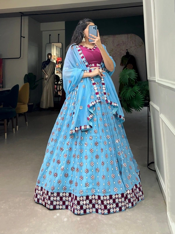 Azorte Fashion Designer Georgette Lehenga Choli | Mirror & Sequin Embroidery | Wedding & Festive Wear - Design-2, Stitched, Unstitched