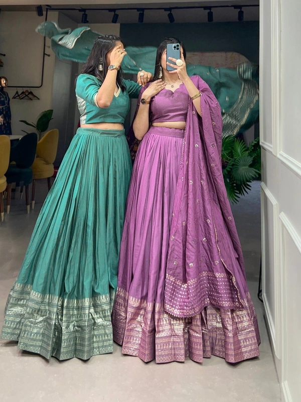 Azorte Fashion Pure Chanderi Lehenga Choli | Zari Weaving & Sequin Work | Ethnic & Festive Wear - Purple, Stitched, Unstitched