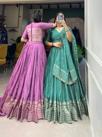 Azorte Fashion Pure Chanderi Lehenga Choli | Zari Weaving & Sequin Work | Ethnic & Festive Wear - Purple, Stitched, Unstitched