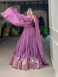 Azorte Fashion Pure Chanderi Lehenga Choli | Zari Weaving & Sequin Work | Ethnic & Festive Wear - Purple, Stitched, Unstitched
