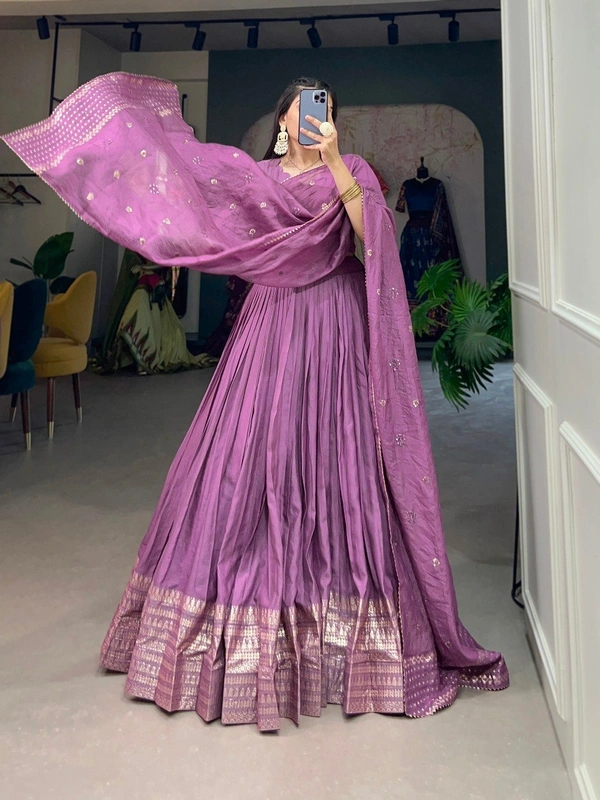 Azorte Fashion Pure Chanderi Lehenga Choli | Zari Weaving & Sequin Work | Ethnic & Festive Wear - Purple, Stitched, Unstitched