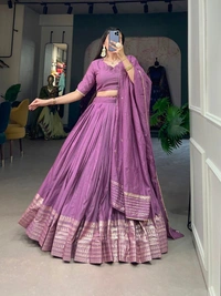 Azorte Fashion Pure Chanderi Lehenga Choli | Zari Weaving & Sequin Work | Ethnic & Festive Wear - Purple, Stitched, Unstitched