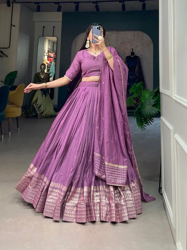 Azorte Fashion Pure Chanderi Lehenga Choli | Zari Weaving & Sequin Work | Ethnic & Festive Wear - Purple, Stitched, Unstitched