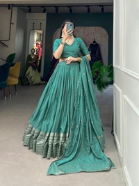 Azorte Fashion Pure Chanderi Lehenga Choli | Zari Weaving & Sequin Work | Ethnic & Festive Wear - Breaker Bay, Stitched, Unstitched