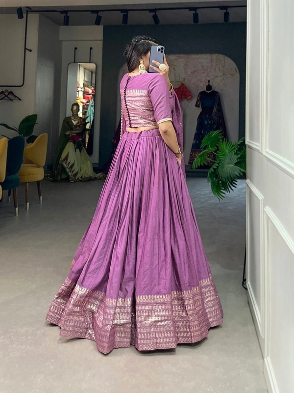 Azorte Fashion Pure Chanderi Lehenga Choli | Zari Weaving & Sequin Work | Ethnic & Festive Wear - Purple, Stitched, Unstitched