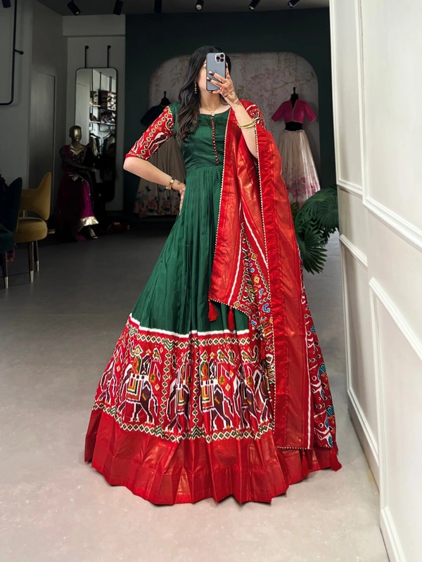 Azorte Fashion Dola Silk Gown | Patola & Foil Print | Traditional Elegance - Chest Size: 40" (adjustable up to 42" for a perfect fit)