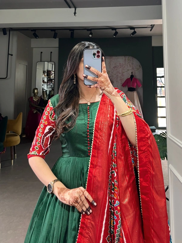 Azorte Fashion Dola Silk Gown | Patola & Foil Print | Traditional Elegance - Chest Size: 40" (adjustable up to 42" for a perfect fit)