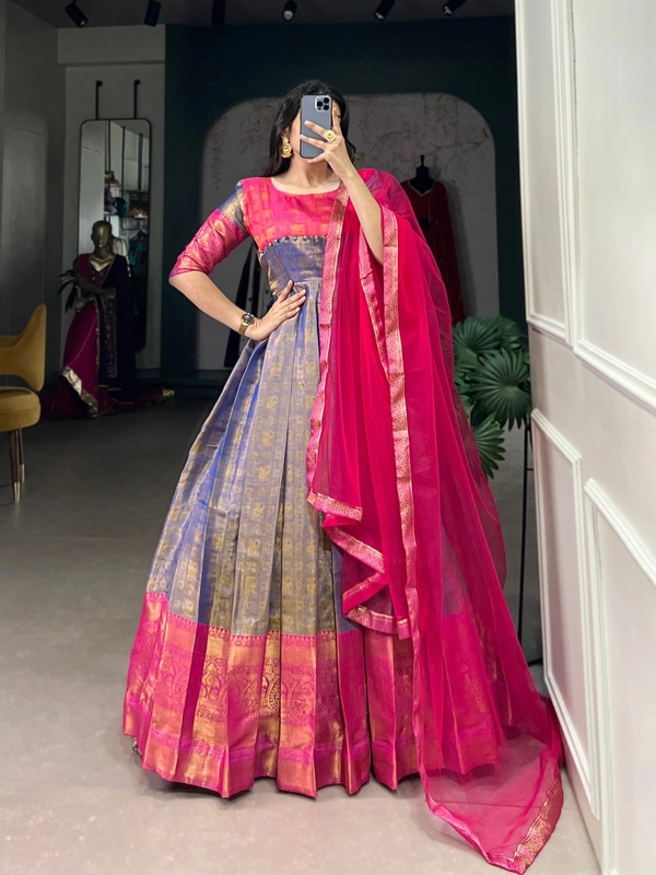 Azorte Fashion Kanjivaram Silk Gown | Zari Weaving | Elegant Ethnic Wear - Chest Size: 40" ( adjustable up to 42" for a custom fit)