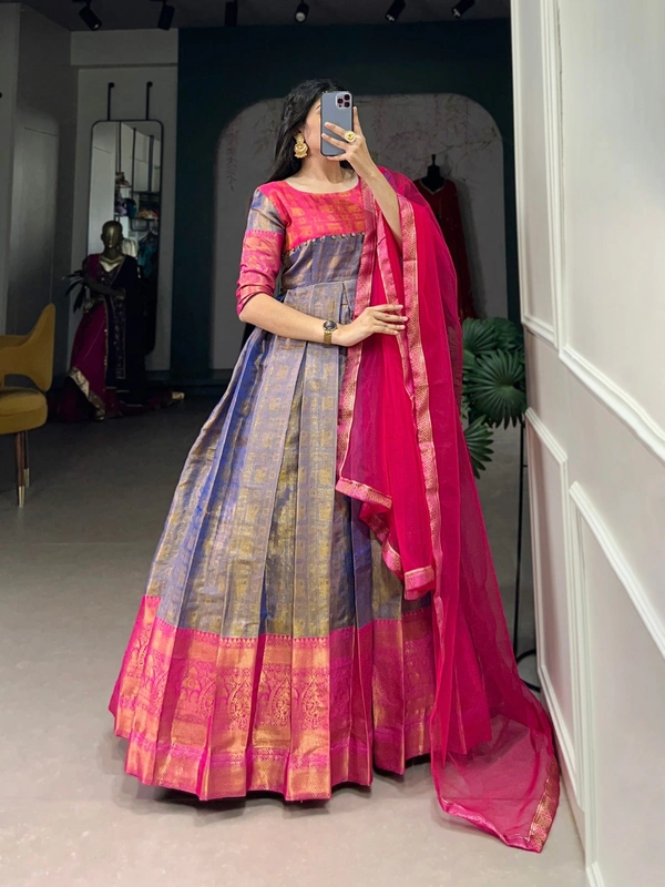 Azorte Fashion Kanjivaram Silk Gown | Zari Weaving | Elegant Ethnic Wear - Chest Size: 40" ( adjustable up to 42" for a custom fit)