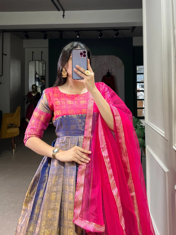 Azorte Fashion Kanjivaram Silk Gown | Zari Weaving | Elegant Ethnic Wear - Chest Size: 40" ( adjustable up to 42" for a custom fit)