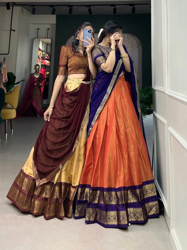 Azorte Fashion Kanchipuram Silk Lehenga Choli | Zari Weaving Work | South Indian Wedding Wear - Cream, Stitched, Unstitched