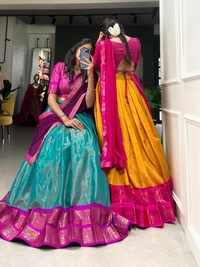 Azorte Fashion Kanchipuram Silk Lehenga Choli | Zari Weaving Work | South Indian Wedding Wear - Golden Bell, Stitched, Unstitched