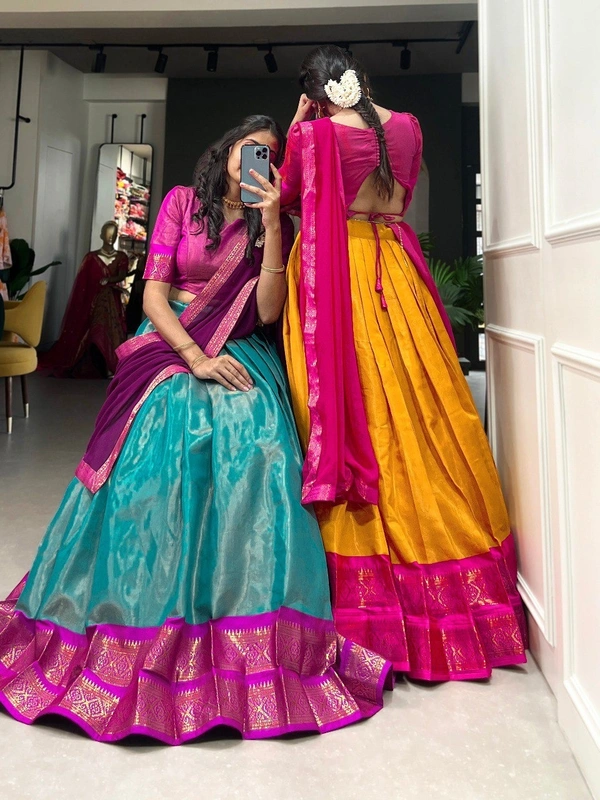 Azorte Fashion Kanchipuram Silk Lehenga Choli | Zari Weaving Work | South Indian Wedding Wear - Neptune, Stitched, Unstitched
