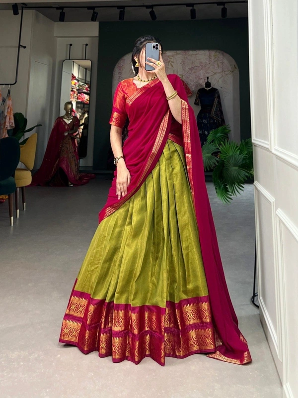 Azorte Fashion Kanchipuram Silk Lehenga Choli | Zari Weaving Work | South Indian Wedding Wear - Luxor Gold, Stitched, Unstitched