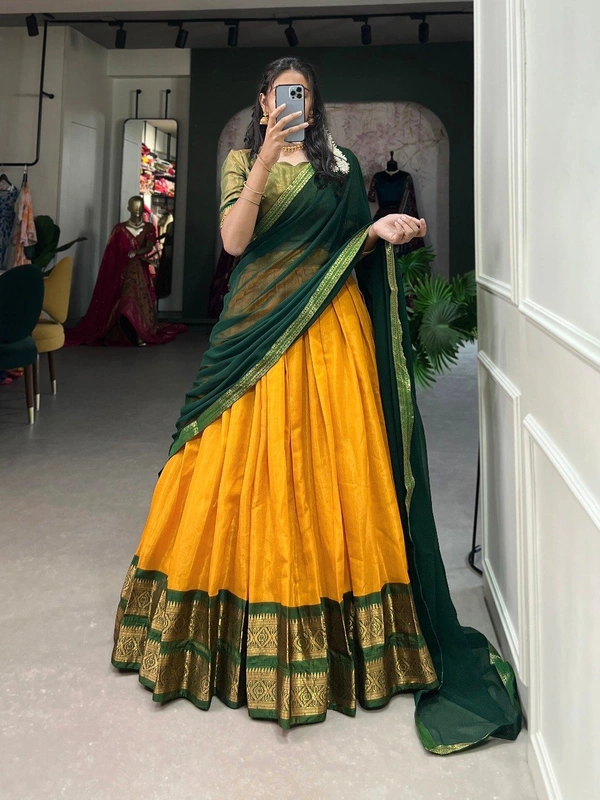 Azorte Fashion Kanchipuram Silk Lehenga Choli | Zari Weaving Work | South Indian Wedding Wear - Orange, Stitched, Unstitched