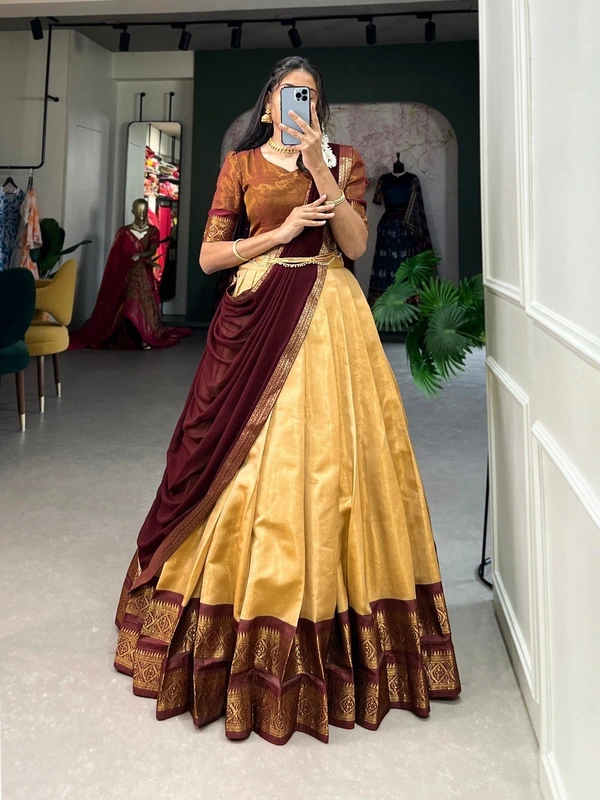 Azorte Fashion Kanchipuram Silk Lehenga Choli | Zari Weaving Work | South Indian Wedding Wear - Cream, Stitched, Unstitched