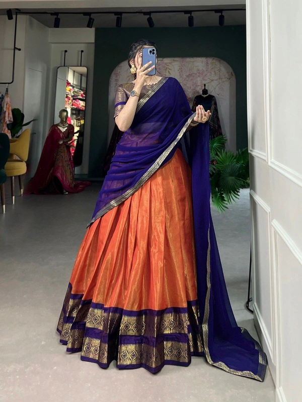 Azorte Fashion Kanchipuram Silk Lehenga Choli | Zari Weaving Work | South Indian Wedding Wear - Flame Pea, Stitched, Unstitched