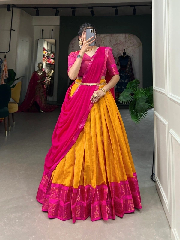 Azorte Fashion Kanchipuram Silk Lehenga Choli | Zari Weaving Work | South Indian Wedding Wear - Golden Bell, Stitched, Unstitched