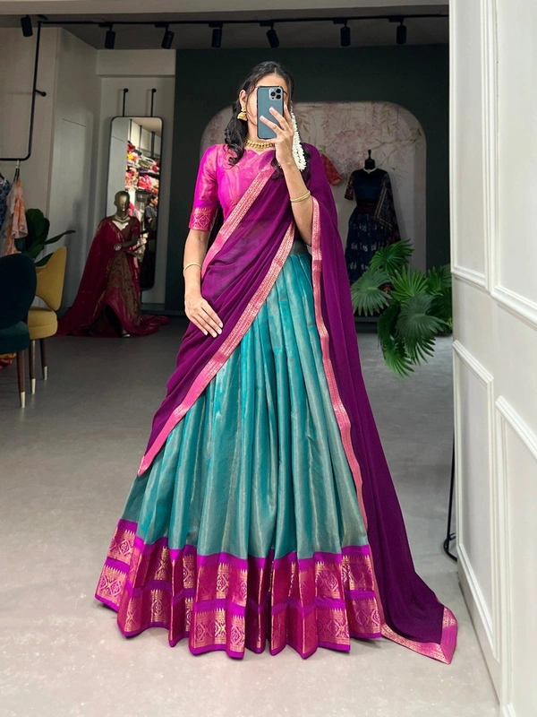 Azorte Fashion Kanchipuram Silk Lehenga Choli | Zari Weaving Work | South Indian Wedding Wear - Neptune, Stitched, Unstitched