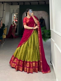Azorte Fashion Kanchipuram Silk Lehenga Choli | Zari Weaving Work | South Indian Wedding Wear - Luxor Gold, Stitched, Unstitched