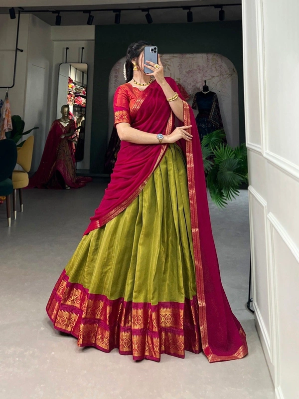 Azorte Fashion Kanchipuram Silk Lehenga Choli | Zari Weaving Work | South Indian Wedding Wear - Luxor Gold, Stitched, Unstitched