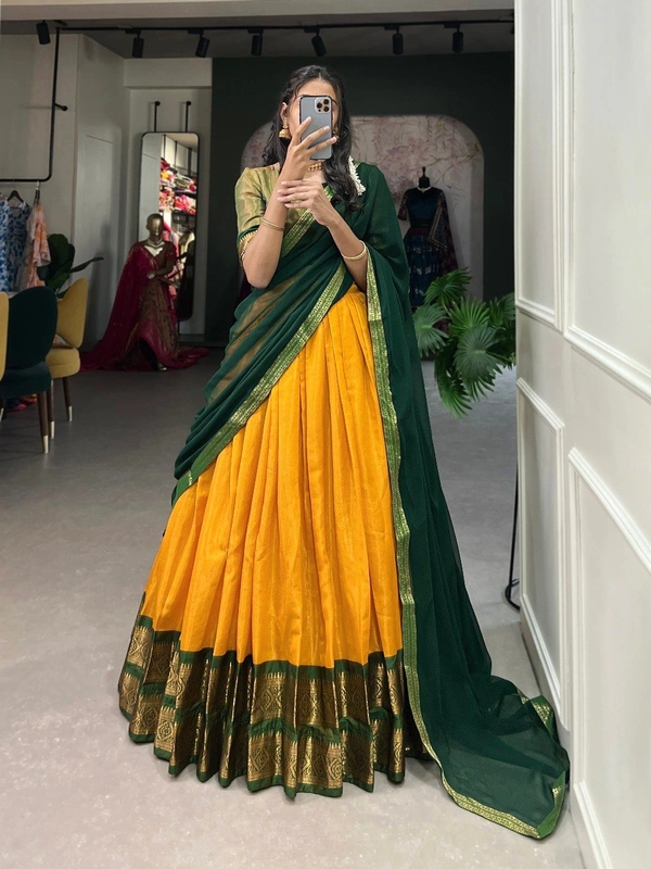 Azorte Fashion Kanchipuram Silk Lehenga Choli | Zari Weaving Work | South Indian Wedding Wear - Orange, Stitched, Unstitched