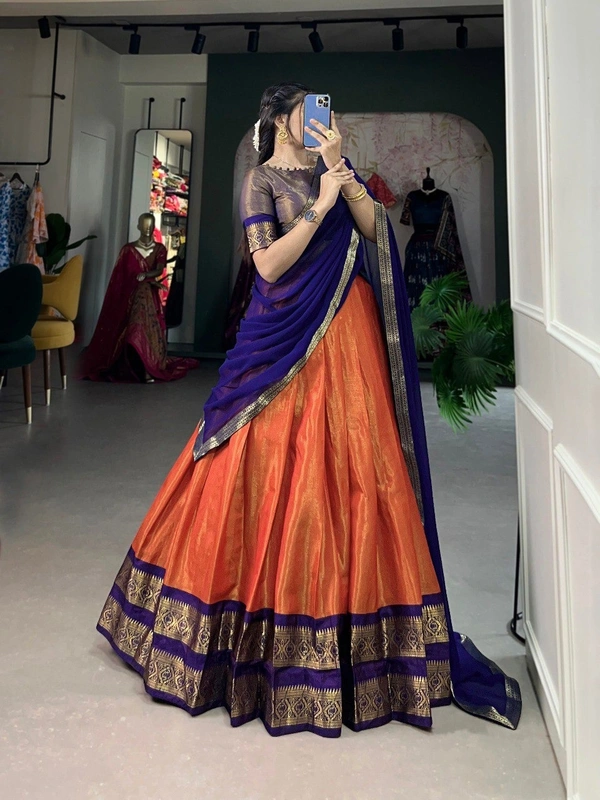 Azorte Fashion Kanchipuram Silk Lehenga Choli | Zari Weaving Work | South Indian Wedding Wear - Flame Pea, Stitched, Unstitched