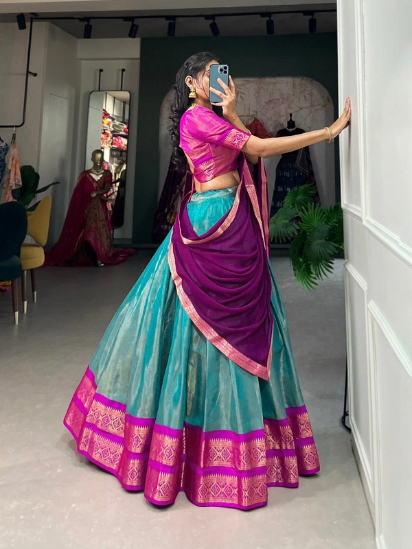 Azorte Fashion Kanchipuram Silk Lehenga Choli | Zari Weaving Work | South Indian Wedding Wear - Neptune, Stitched, Unstitched