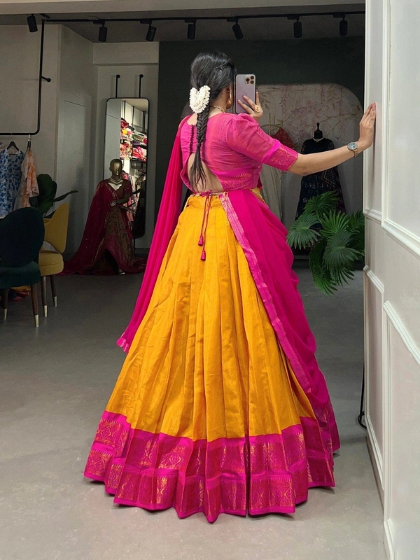 Azorte Fashion Kanchipuram Silk Lehenga Choli | Zari Weaving Work | South Indian Wedding Wear - Golden Bell, Stitched, Unstitched