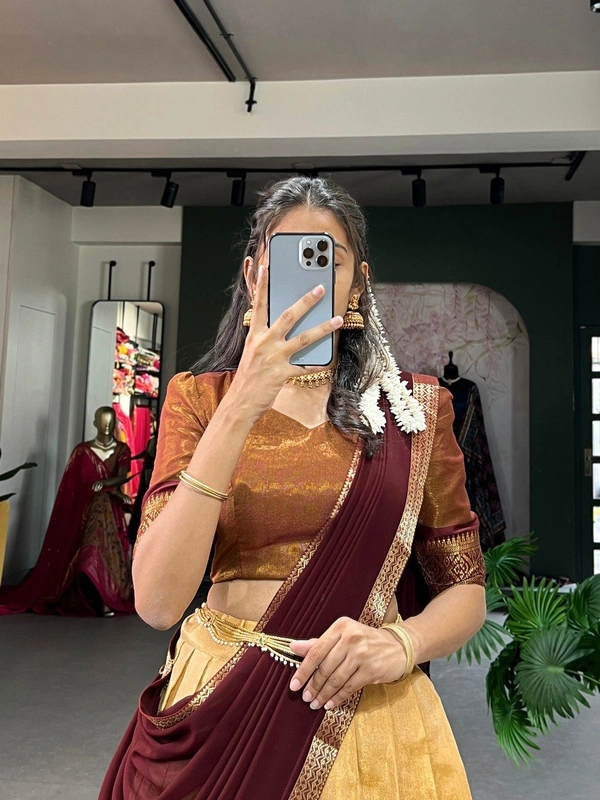 Azorte Fashion Kanchipuram Silk Lehenga Choli | Zari Weaving Work | South Indian Wedding Wear - Cream, Stitched, Unstitched