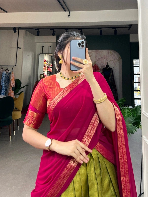 Azorte Fashion Kanchipuram Silk Lehenga Choli | Zari Weaving Work | South Indian Wedding Wear - Luxor Gold, Stitched, Unstitched
