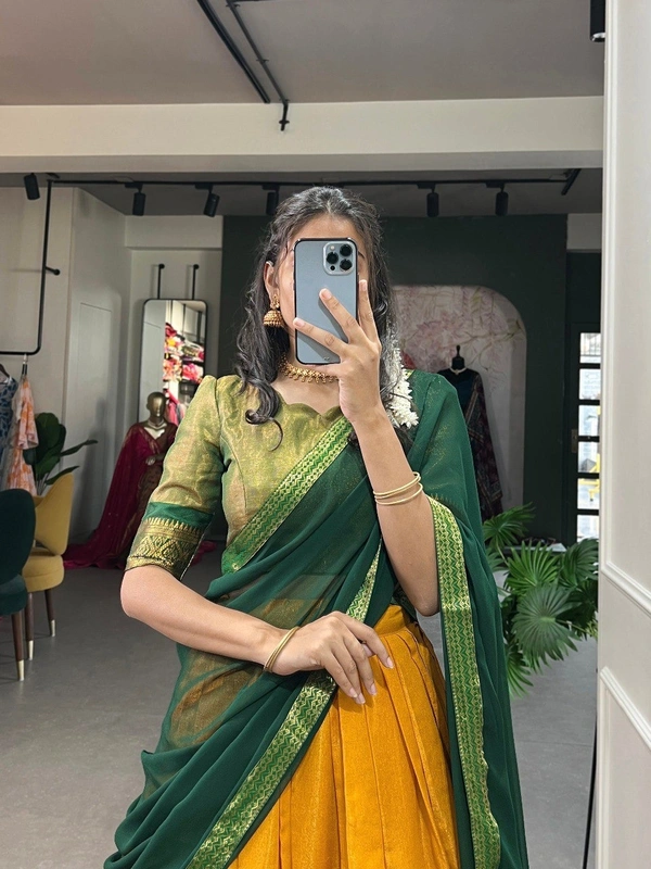 Azorte Fashion Kanchipuram Silk Lehenga Choli | Zari Weaving Work | South Indian Wedding Wear - Orange, Stitched, Unstitched