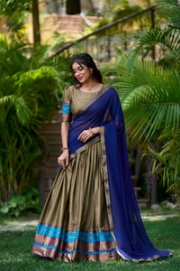 Azorte Fashion South Style Poly Cotton Half Saree Lehenga – Zari Weaving Work with Georgette Dupatta  - Brown, Stitched, Unstitched