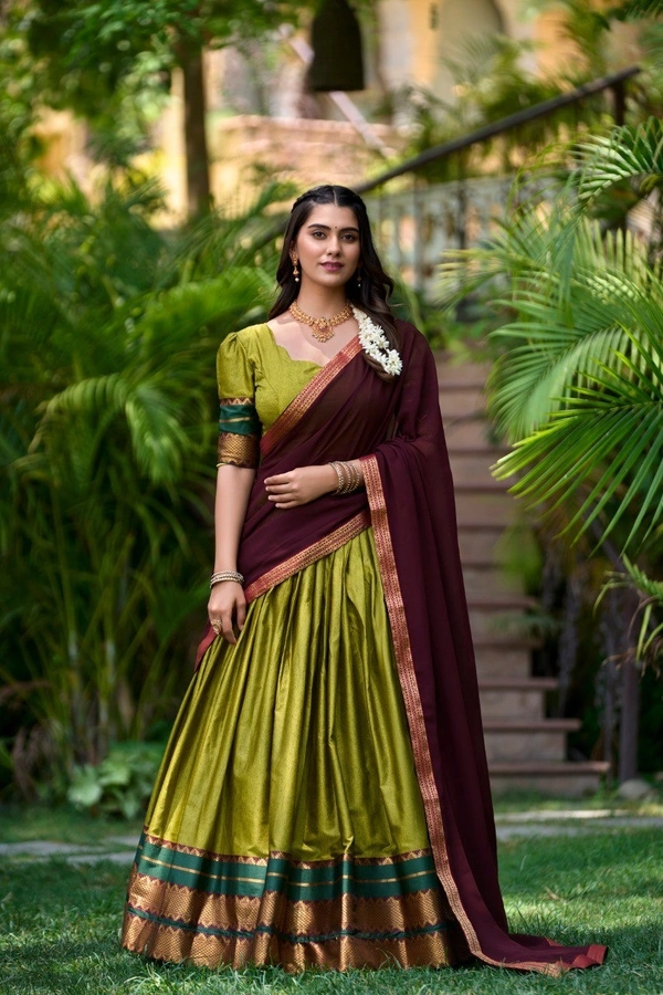 Azorte Fashion South Style Poly Cotton Half Saree Lehenga – Zari Weaving Work with Georgette Dupatta  - Olivetone, Stitched, Unstitched