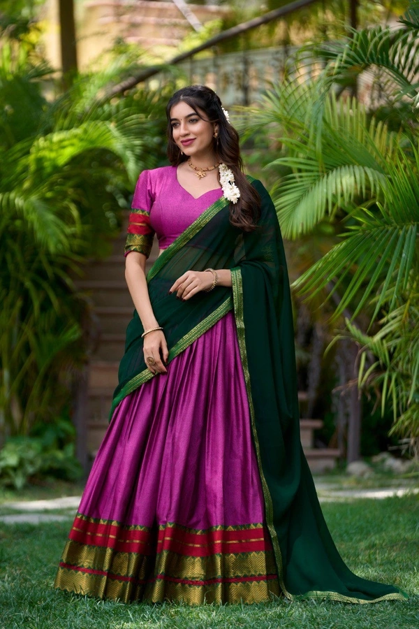 Azorte Fashion South Style Poly Cotton Half Saree Lehenga – Zari Weaving Work with Georgette Dupatta  - Royal Heath, Stitched, Unstitched
