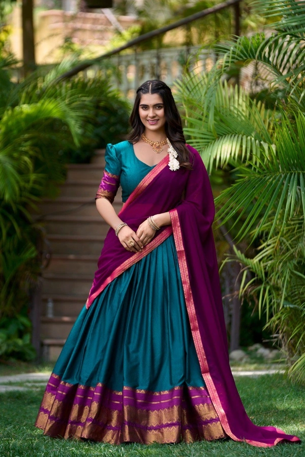 Azorte Fashion South Style Poly Cotton Half Saree Lehenga – Zari Weaving Work with Georgette Dupatta  - Regal Blue, Stitched, Unstitched
