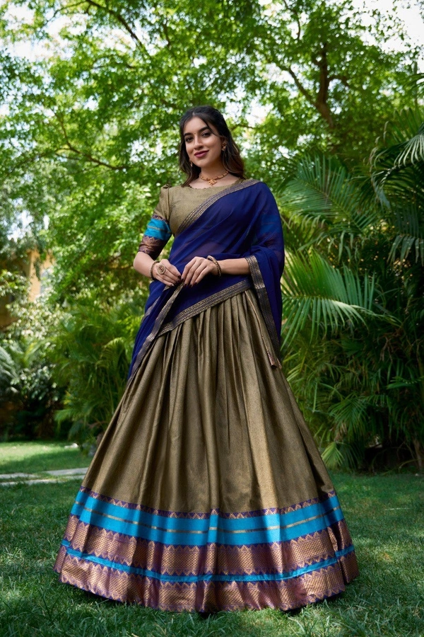 Azorte Fashion South Style Poly Cotton Half Saree Lehenga – Zari Weaving Work with Georgette Dupatta  - Brown, Stitched, Unstitched