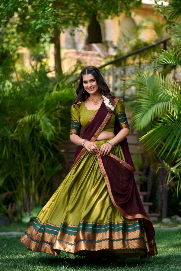 Azorte Fashion South Style Poly Cotton Half Saree Lehenga – Zari Weaving Work with Georgette Dupatta  - Olivetone, Stitched, Unstitched