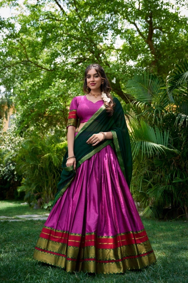 Azorte Fashion South Style Poly Cotton Half Saree Lehenga – Zari Weaving Work with Georgette Dupatta  - Royal Heath, Stitched, Unstitched