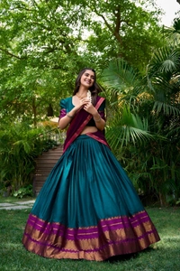Azorte Fashion South Style Poly Cotton Half Saree Lehenga – Zari Weaving Work with Georgette Dupatta  - Regal Blue, Stitched, Unstitched