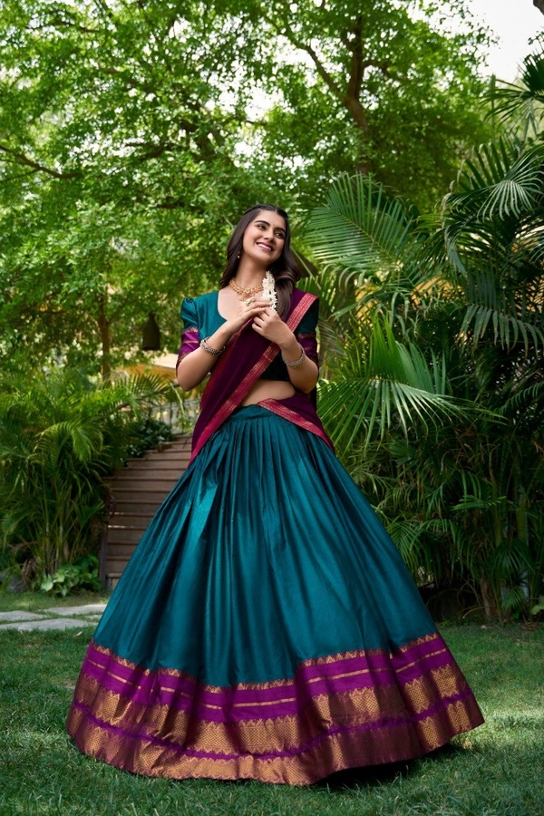 Azorte Fashion South Style Poly Cotton Half Saree Lehenga – Zari Weaving Work with Georgette Dupatta  - Regal Blue, Stitched, Unstitched