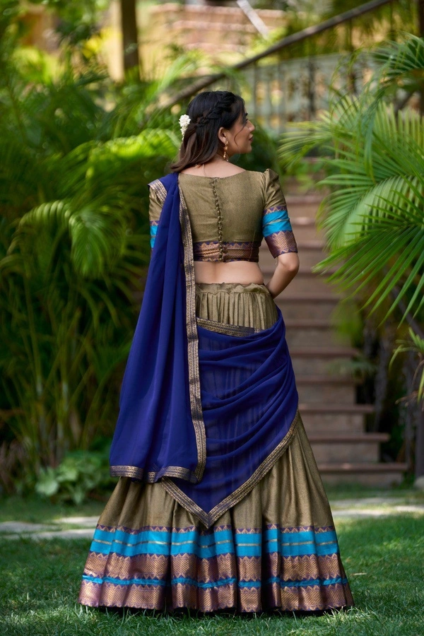 Azorte Fashion South Style Poly Cotton Half Saree Lehenga – Zari Weaving Work with Georgette Dupatta  - Brown, Stitched, Unstitched
