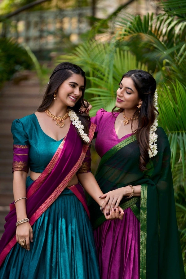 Azorte Fashion South Style Poly Cotton Half Saree Lehenga – Zari Weaving Work with Georgette Dupatta  - Royal Heath, Stitched, Unstitched