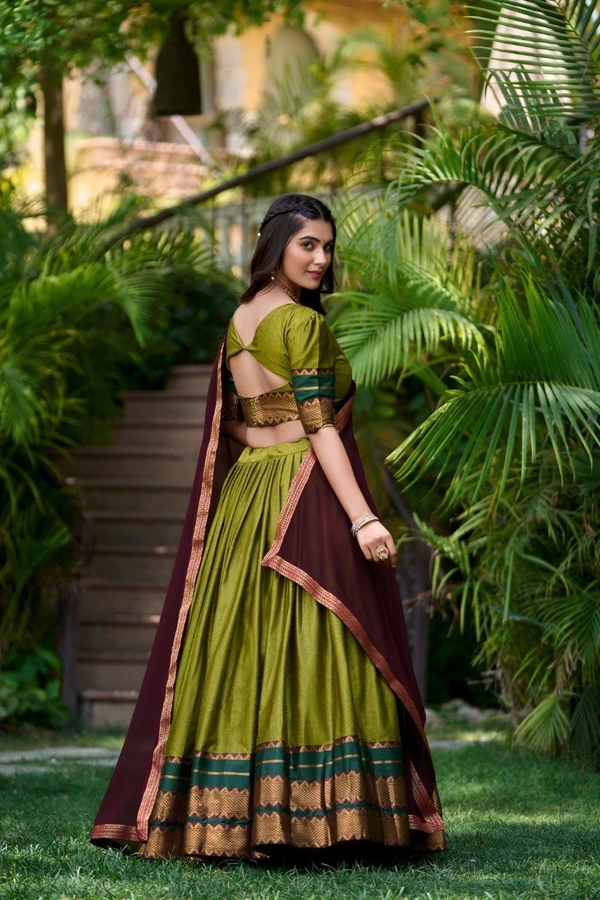 Azorte Fashion South Style Poly Cotton Half Saree Lehenga – Zari Weaving Work with Georgette Dupatta  - Olivetone, Stitched, Unstitched