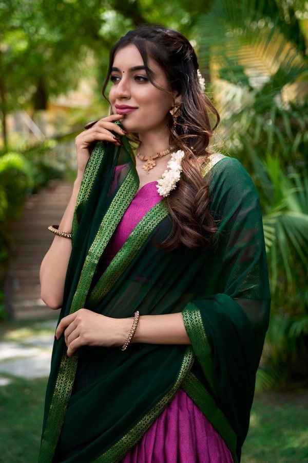 Azorte Fashion South Style Poly Cotton Half Saree Lehenga – Zari Weaving Work with Georgette Dupatta  - Royal Heath, Stitched, Unstitched