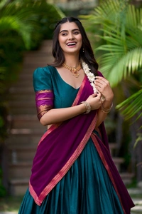 Azorte Fashion South Style Poly Cotton Half Saree Lehenga – Zari Weaving Work with Georgette Dupatta  - Regal Blue, Stitched, Unstitched