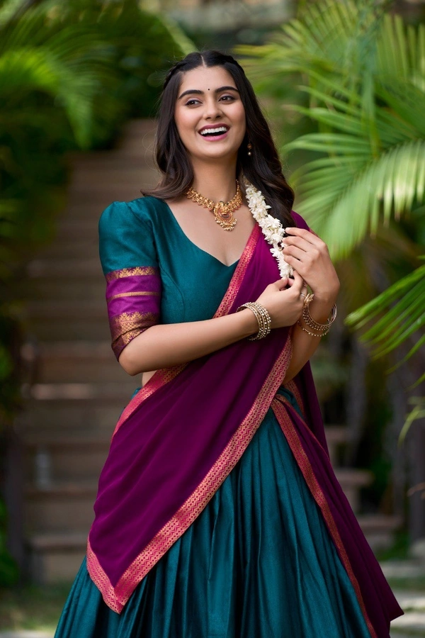 Azorte Fashion South Style Poly Cotton Half Saree Lehenga – Zari Weaving Work with Georgette Dupatta  - Regal Blue, Stitched, Unstitched