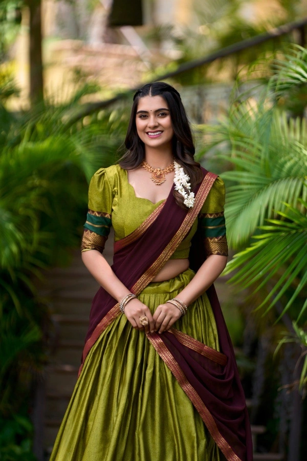 Azorte Fashion South Style Poly Cotton Half Saree Lehenga – Zari Weaving Work with Georgette Dupatta  - Olivetone, Stitched, Unstitched